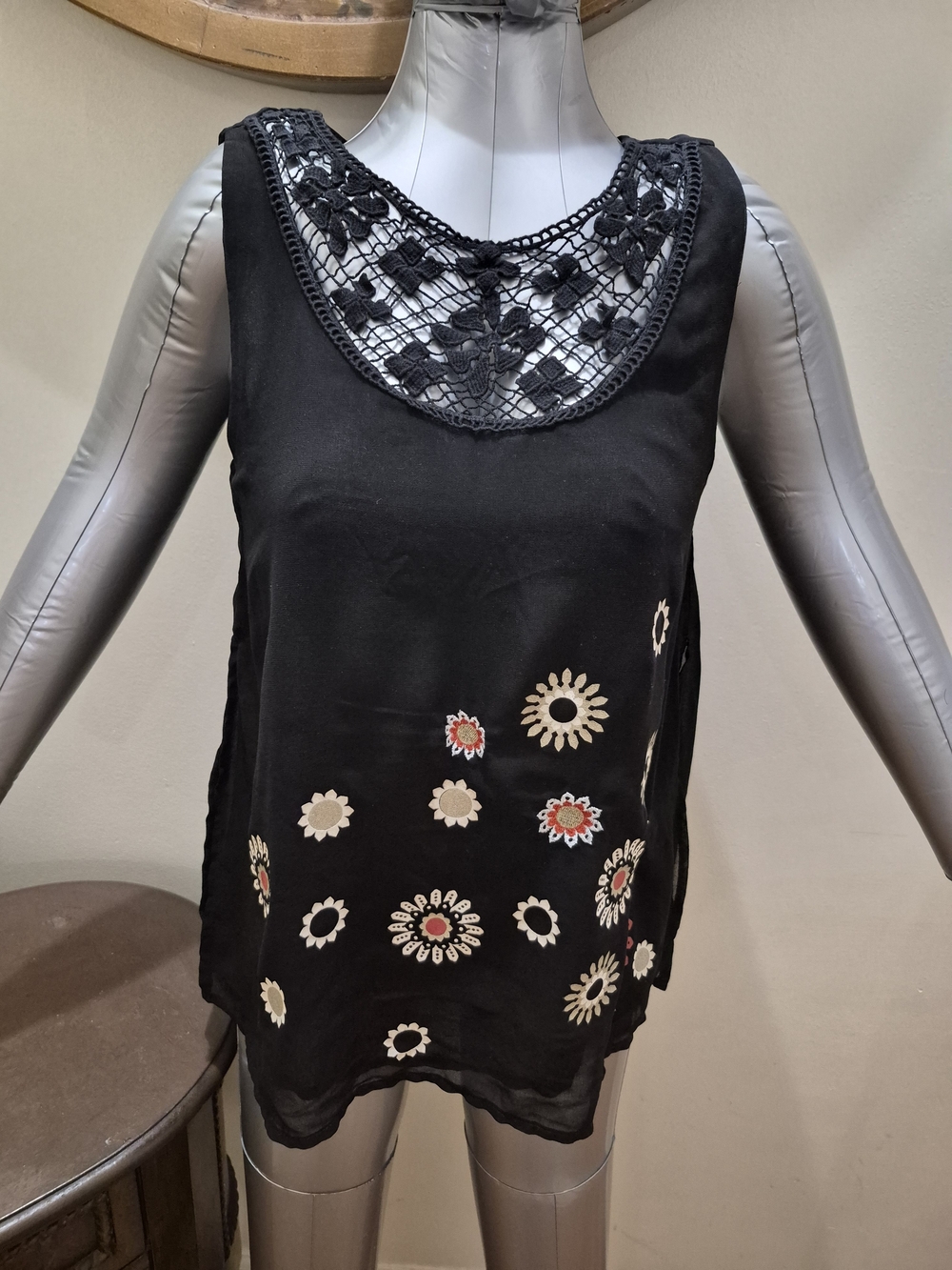 Desigual Black Floral Embroidered Lace Yoke Camisole